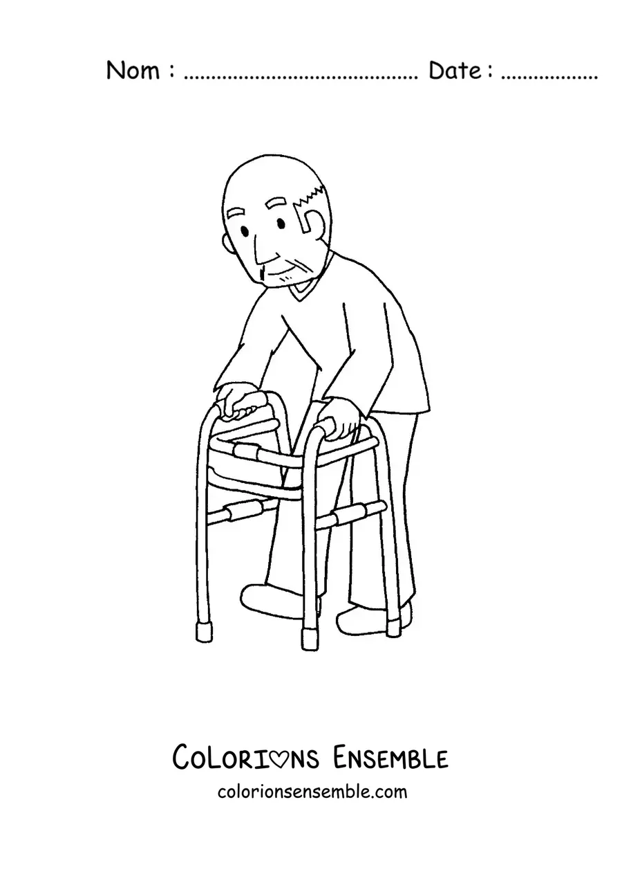 Image à colorier d'un papi avec un déambulateur