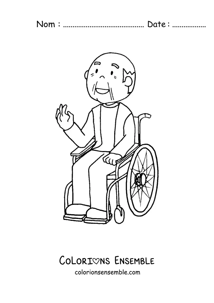 Image à colorier d'un papi dans un fauteuil roulant qui salue