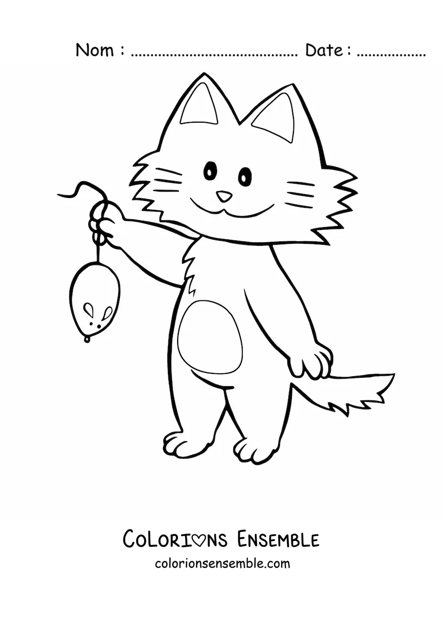 Image à colorier d’un chat tenant une souris par la queue
