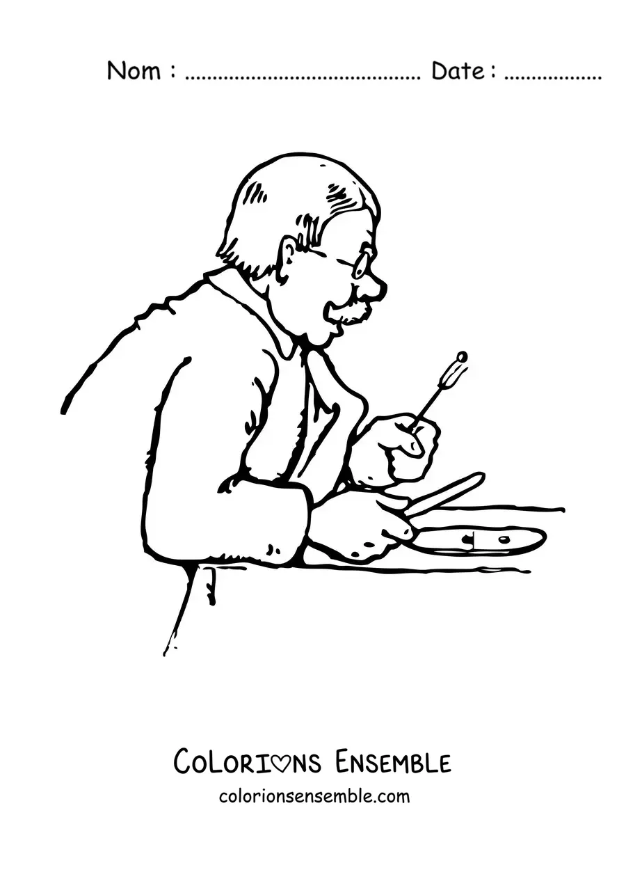 Image à colorier d'un papi avec des lunettes qui mange