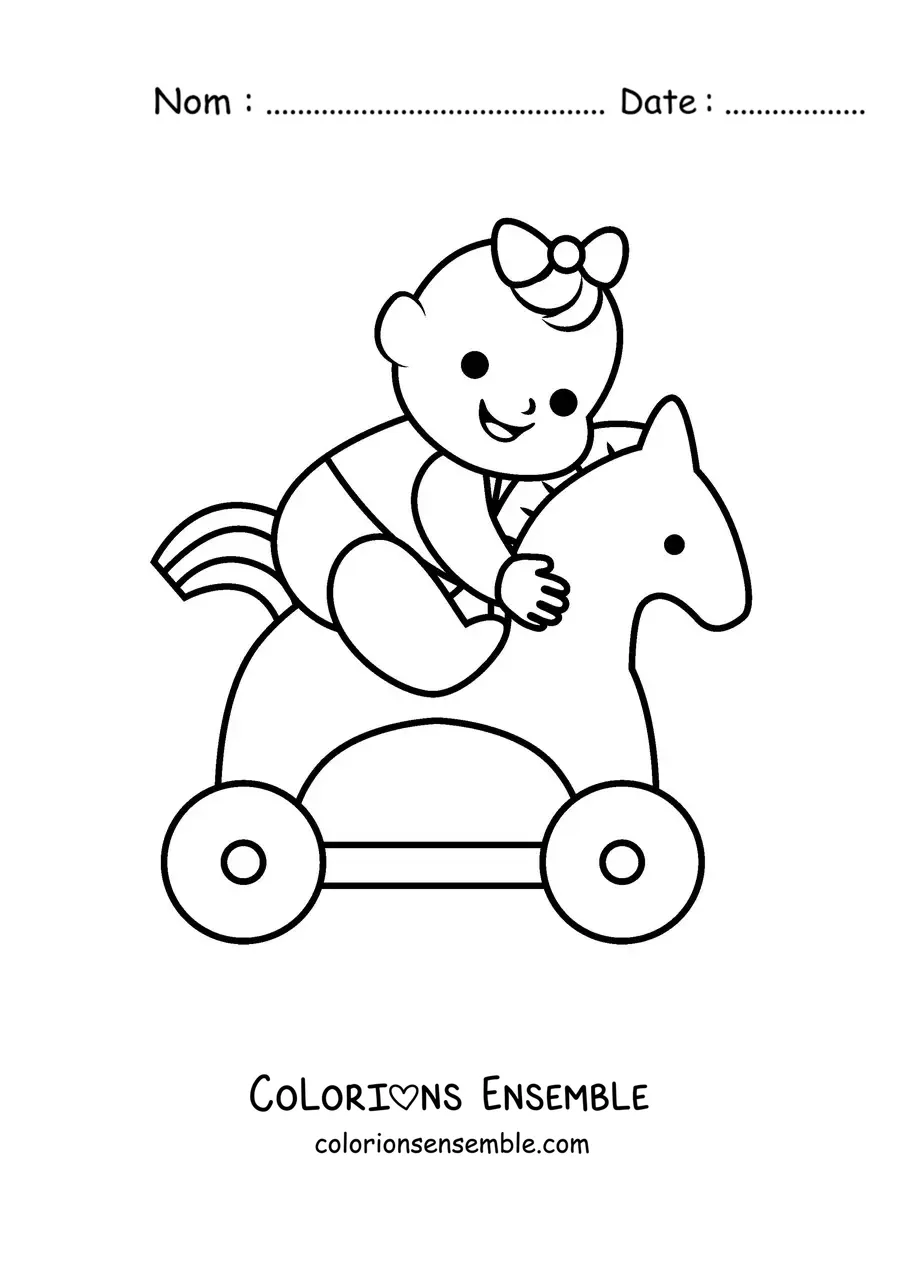 Image à colorier d'une petite fille qui joue sur un cheval à bascule
