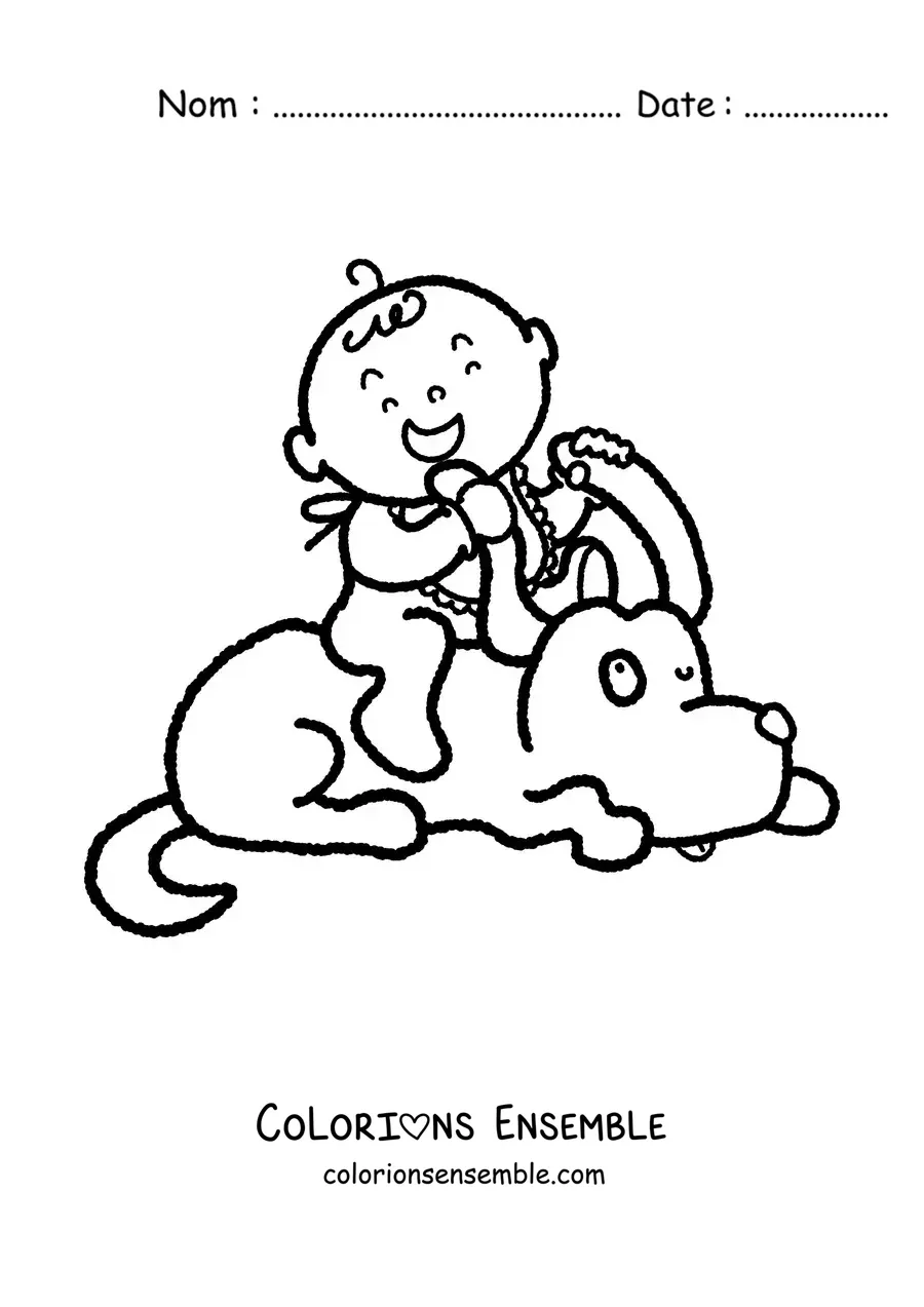 Image à colorier d'un bébé heureux sur un chien animé