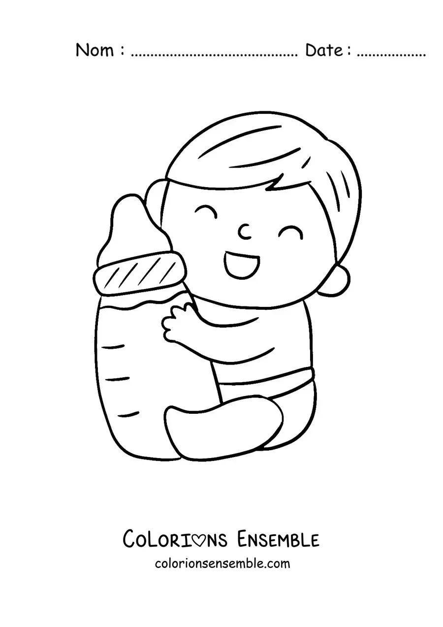 Image à colorier d'un bébé en couche qui serre un biberon dans ses bras