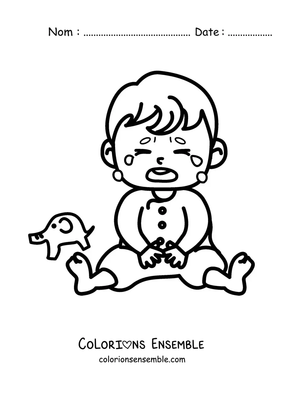Image à colorier d'un bébé assis qui pleure à côté d'un jouet