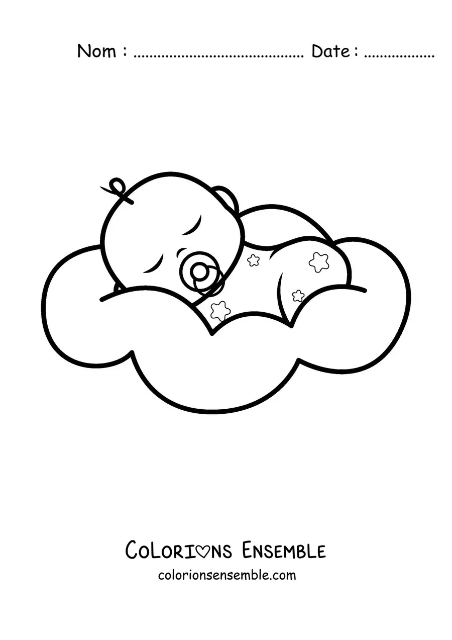 Image à colorier d'un bébé qui dort avec une tétine dans la bouche