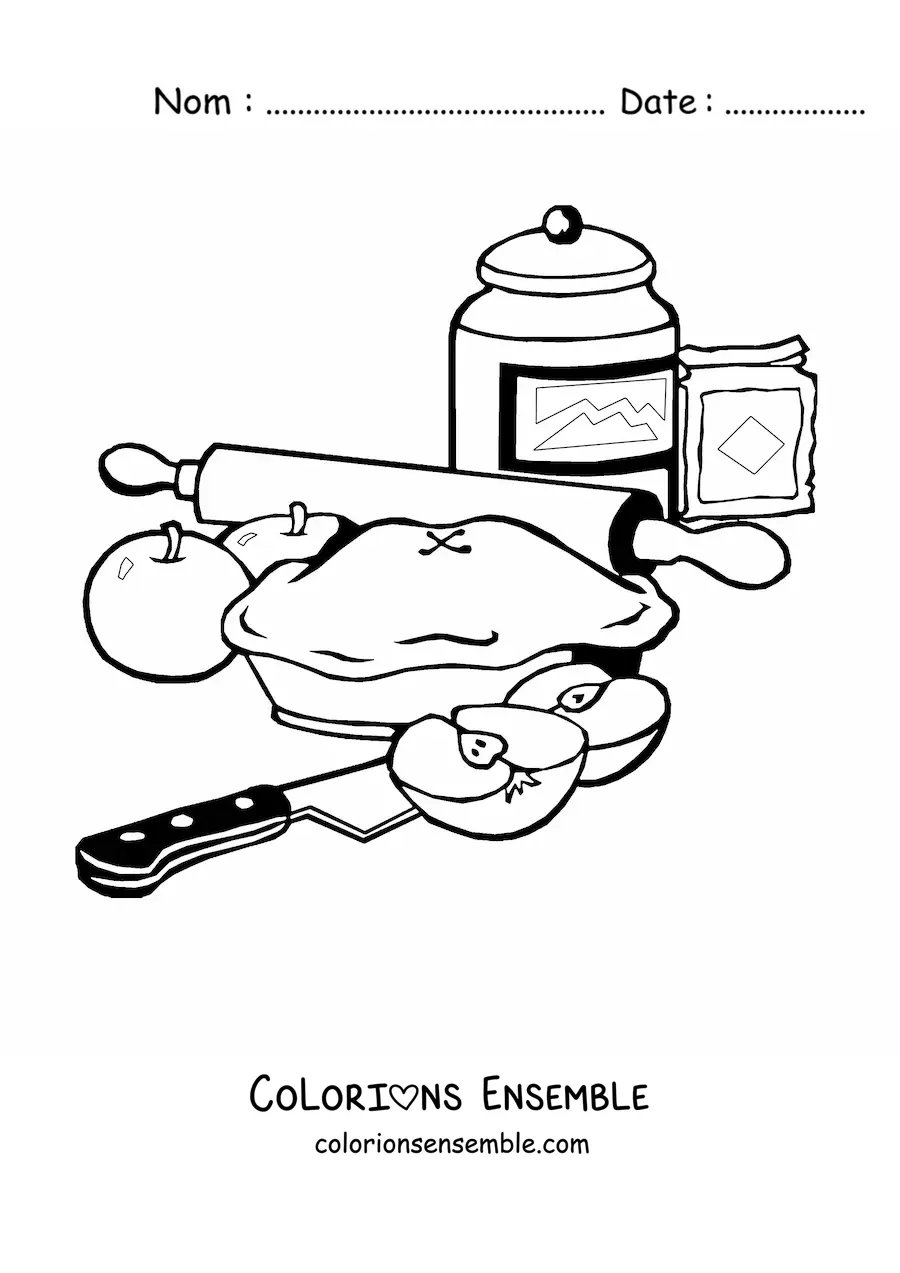 Image à colorier d’une tarte aux pommes avec des ingrédients, un couteau et un rouleau à pâtisserie