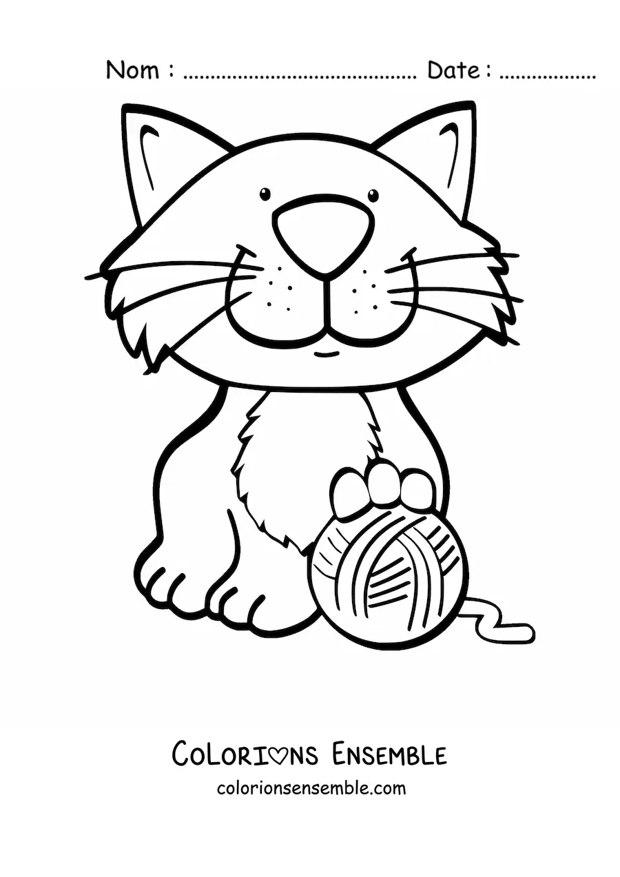 Image à colorier d’un chat assis jouant avec une pelote de laine