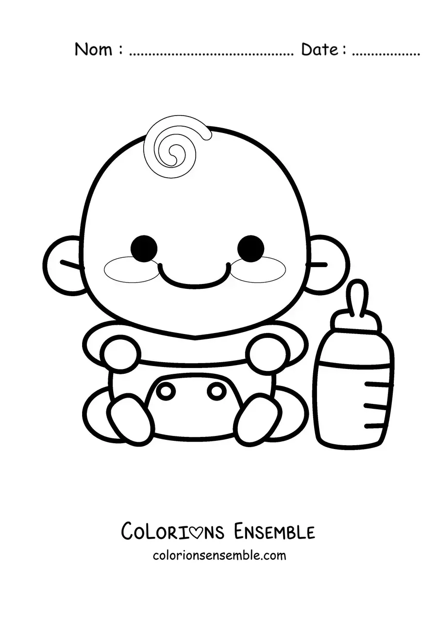 Image à colorier d'un bébé kawaii en couche à côté d'un biberon