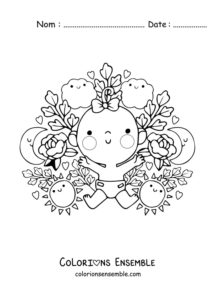 Image à colorier d'une petite fille kawaii entourée de fleurs animées