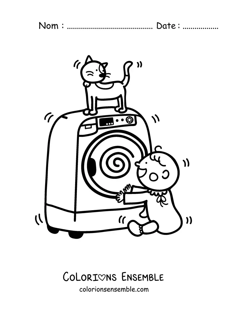 Image à colorier d'un bébé qui joue avec un chat animé sur un sèche-linge