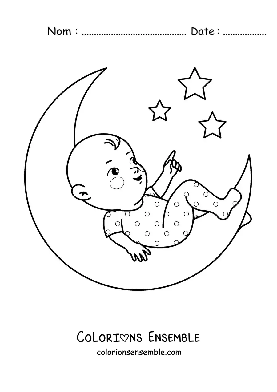 Image à colorier d'un bébé allongé sur la Lune qui regarde les étoiles