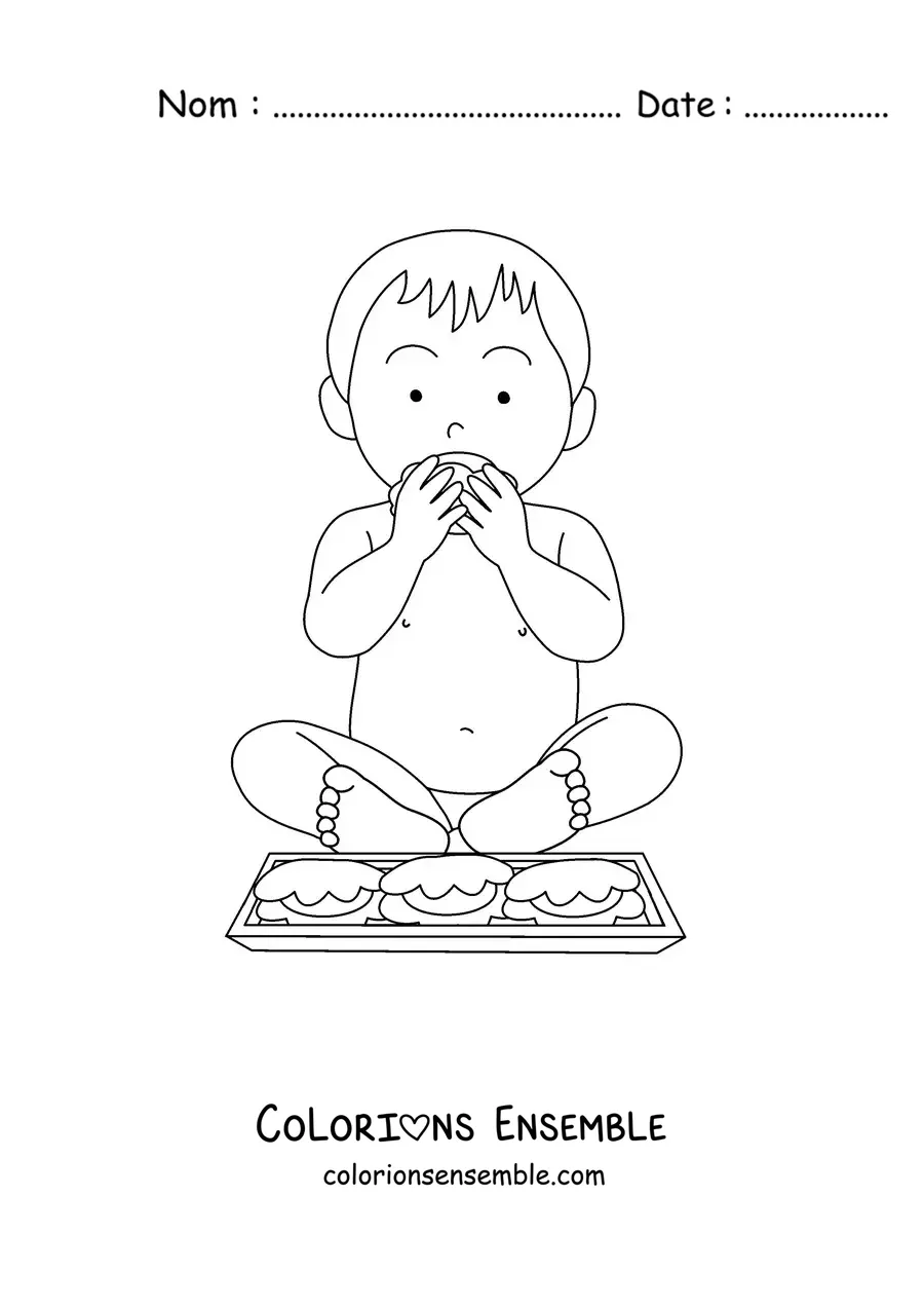 Image à colorier d'un bébé assis qui mange avec les mains