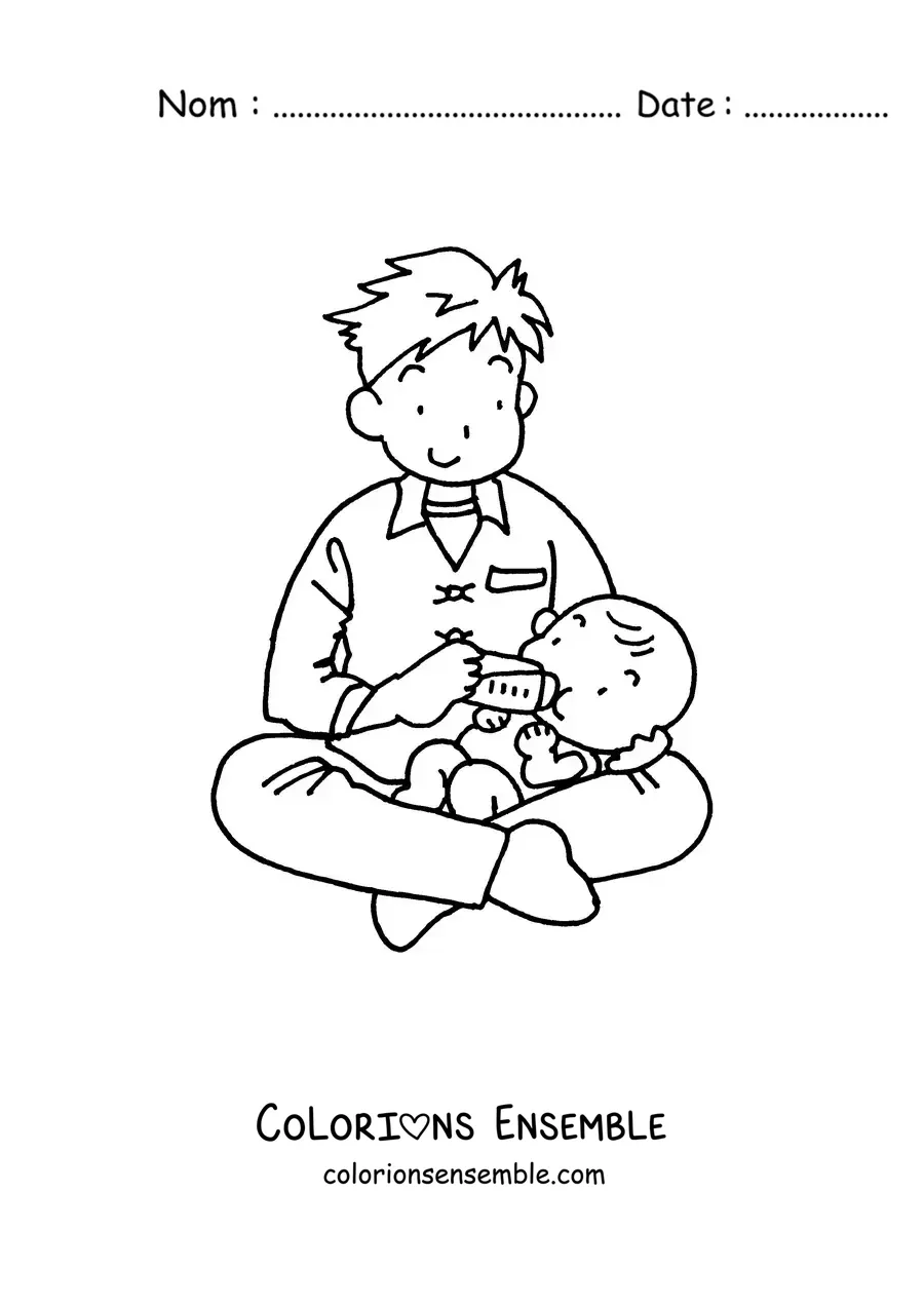 Image à colorier d'un papa qui donne le biberon à un bébé