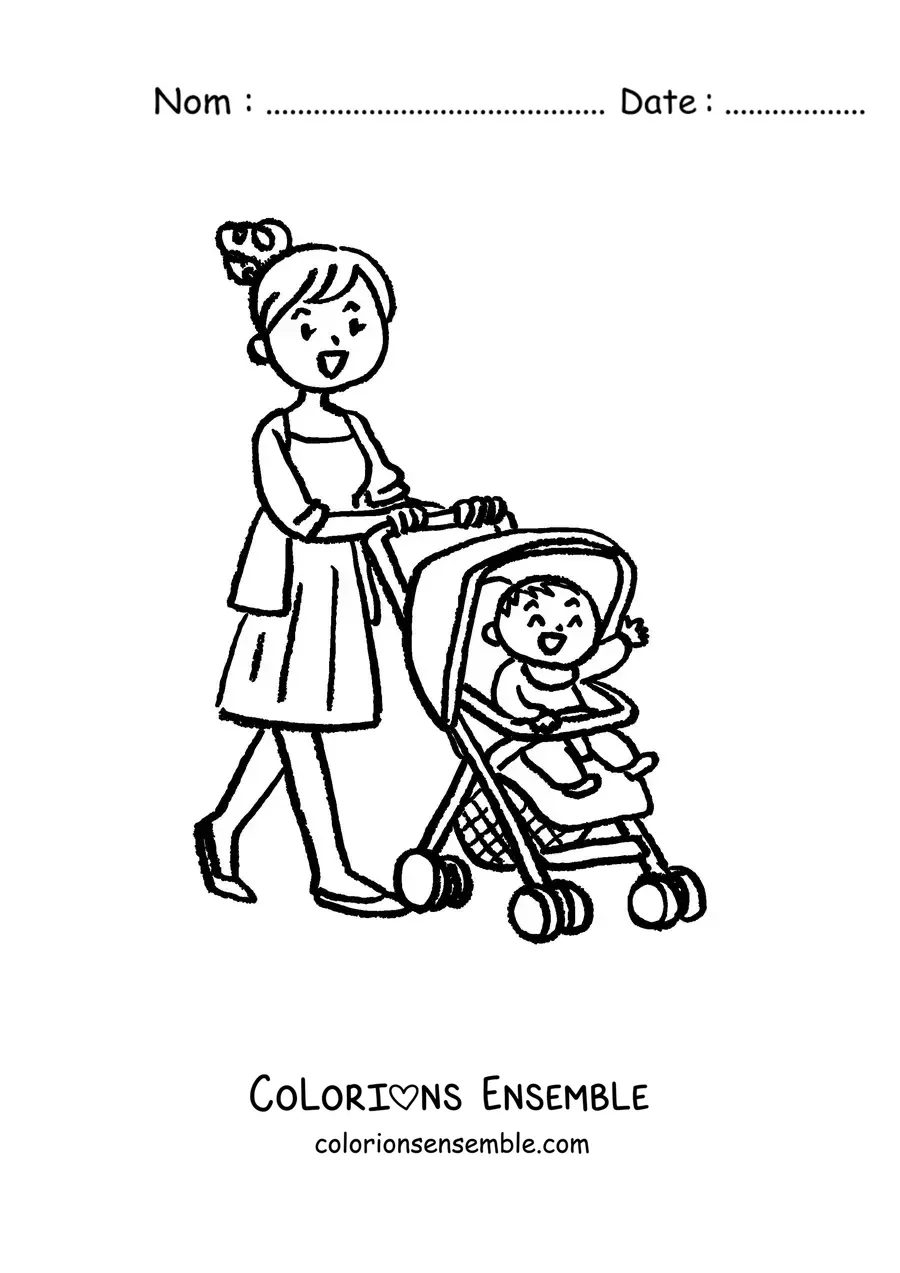 Image à colorier d'une maman qui promène son bébé en poussette