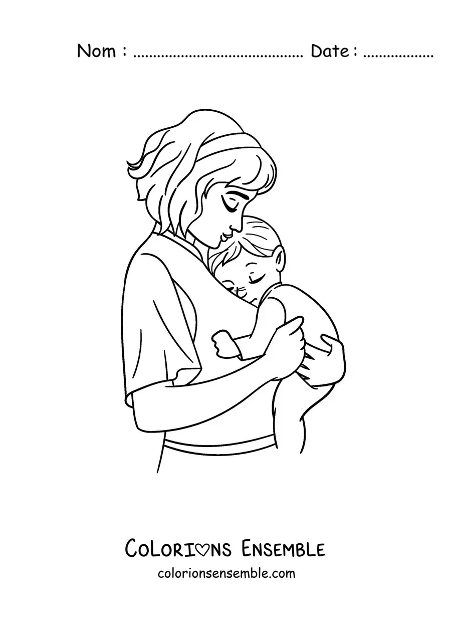 Image à colorier d'une maman qui porte son bébé