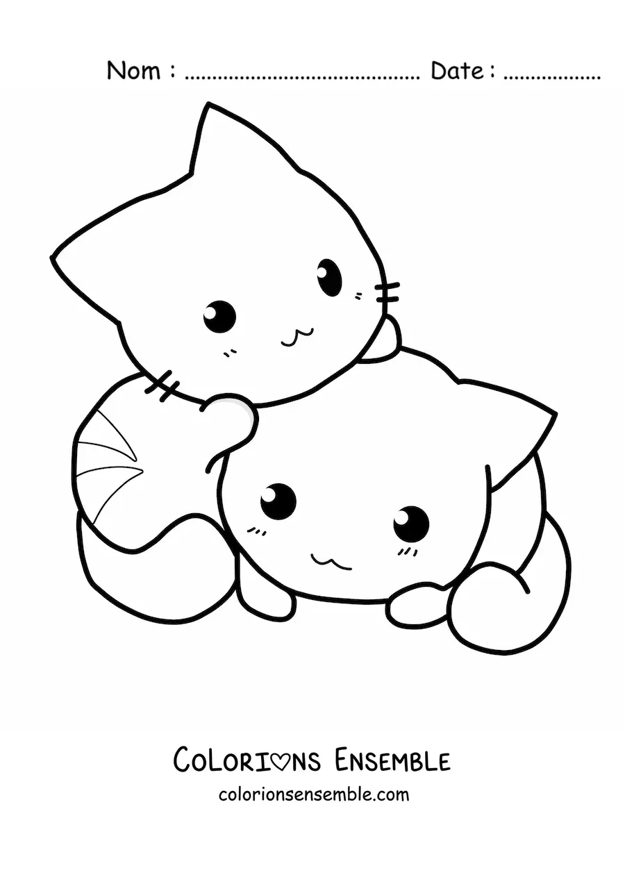 Image à colorier de deux chats kawaii qui jouent