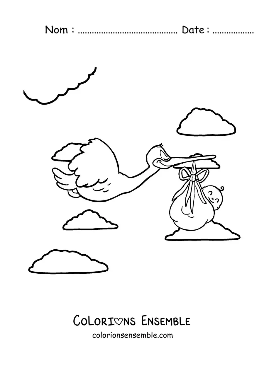 Image à colorier d'une cigogne qui vole en portant un bébé nouveau-né