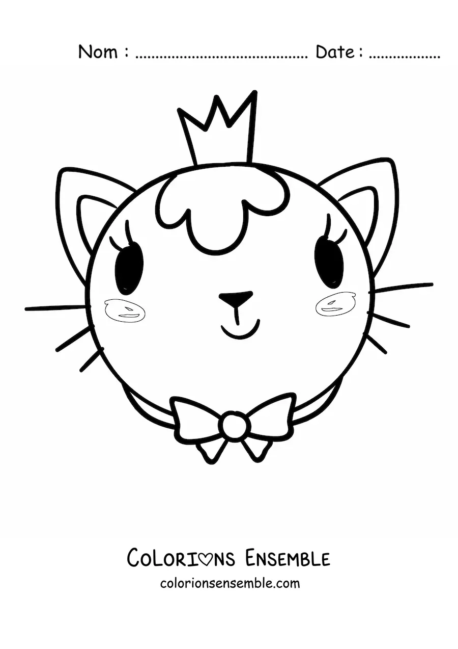 Image à colorier du visage d’une chatte princesse arborant une couronne et un nœud