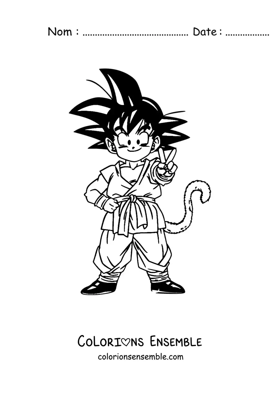 Coloriage de Goku enfant qui prend la pose en souriant