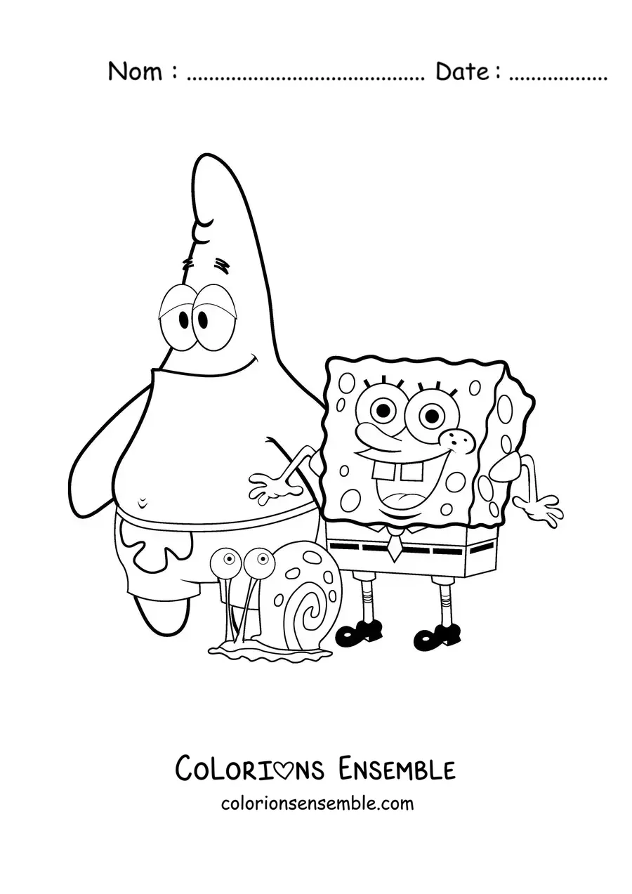 Coloriage de Bob l’éponge tout content aux côtés de Patrick et Gary