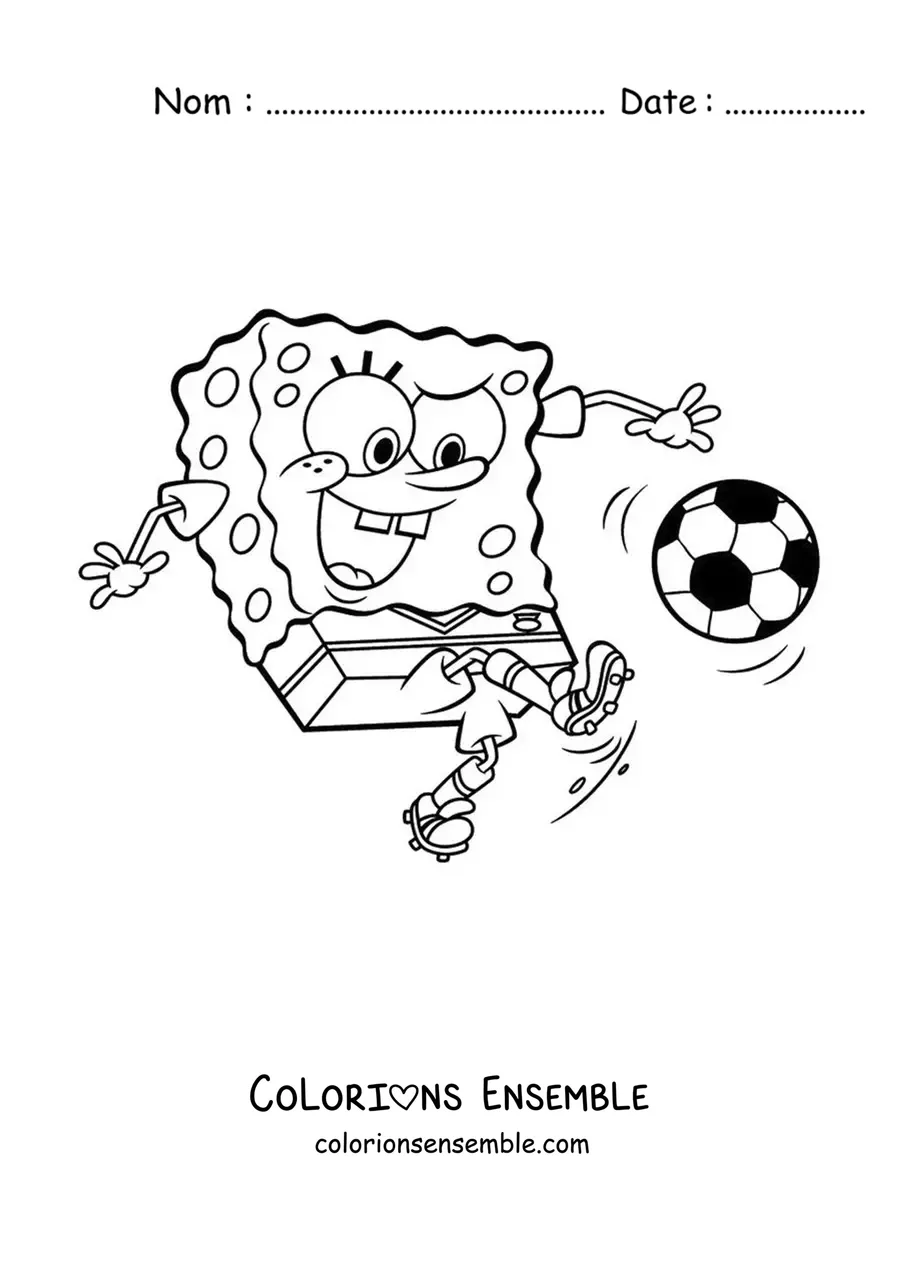 Coloriage de Bob l’éponge qui joue au football en tapant dans un ballon