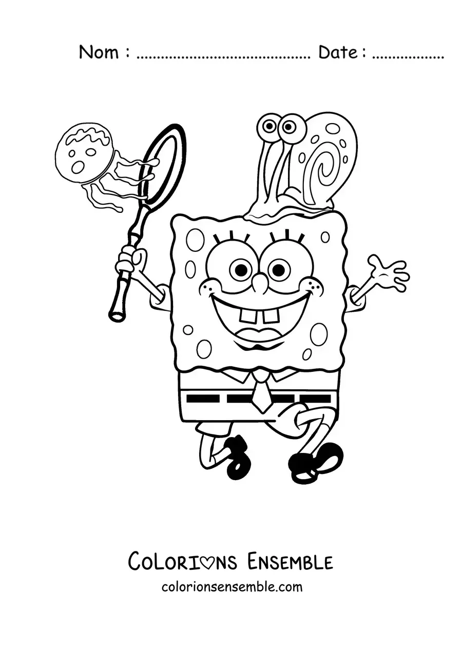 Coloriage de Bob l’éponge qui chasse les méduses avec Gary sur la tête