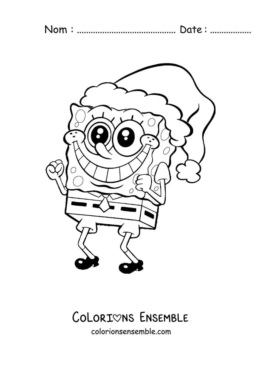 Coloriage de Bob l’éponge tout souriant avec un bonnet de Noël