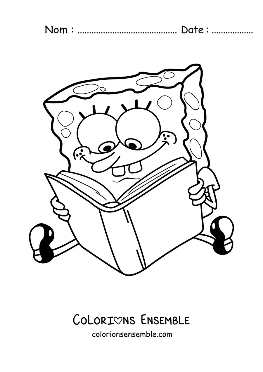 Coloriage de Bob l’éponge assis en train de lire un livre