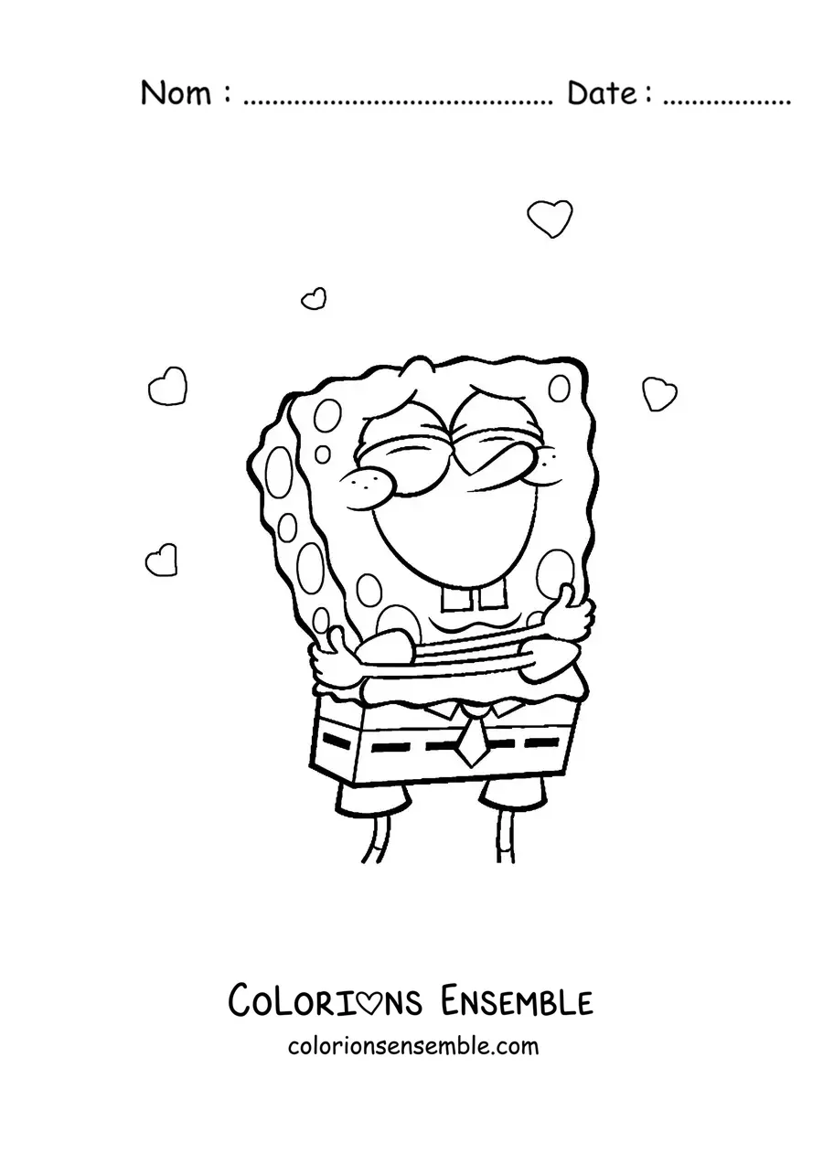 Coloriage de Bob l’éponge qui se fait un câlin, entouré de cœurs