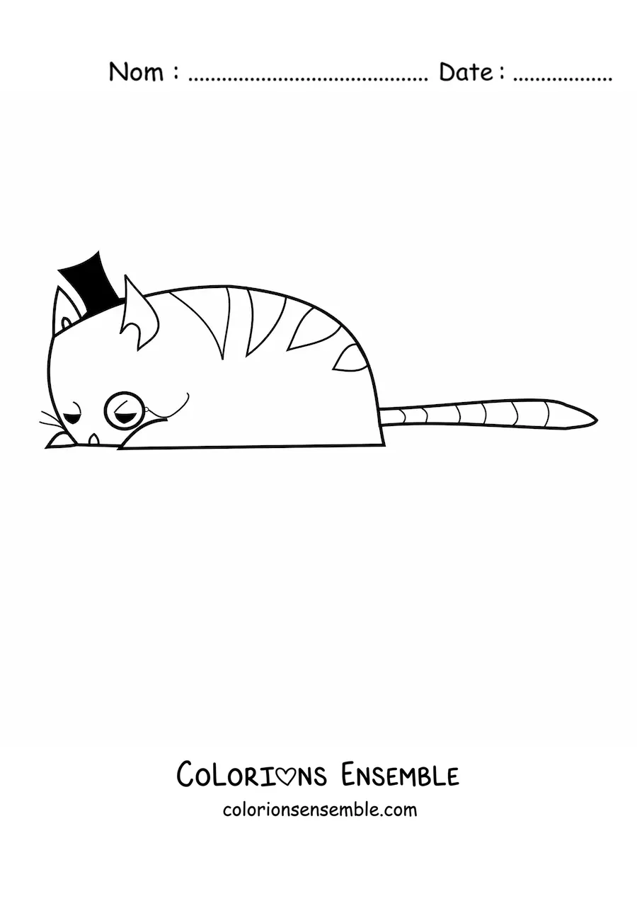 Image à colorier d’un chat élégant allongé portant un chapeau et un monocle