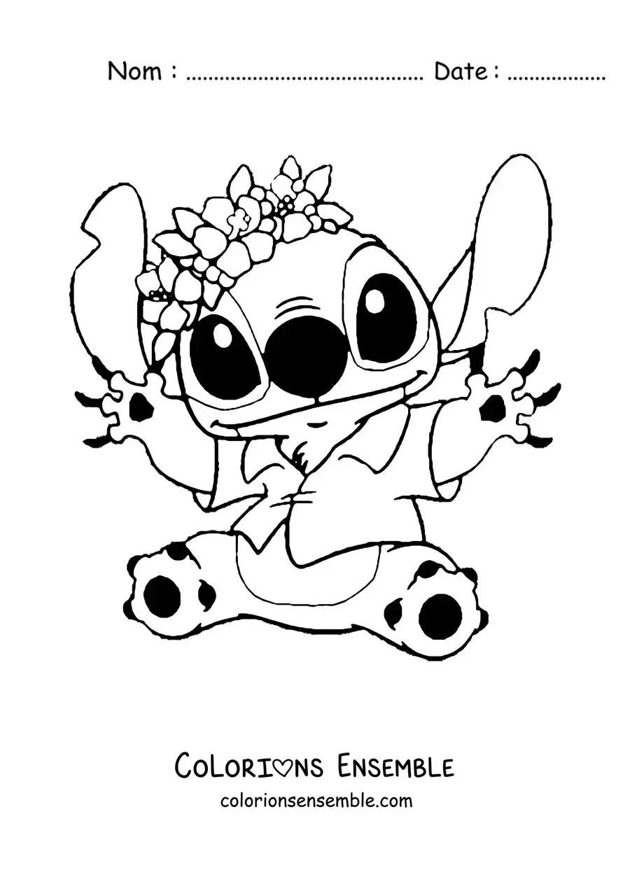 Coloriage de Stitch assis qui fait coucou, des fleurs sur la tête