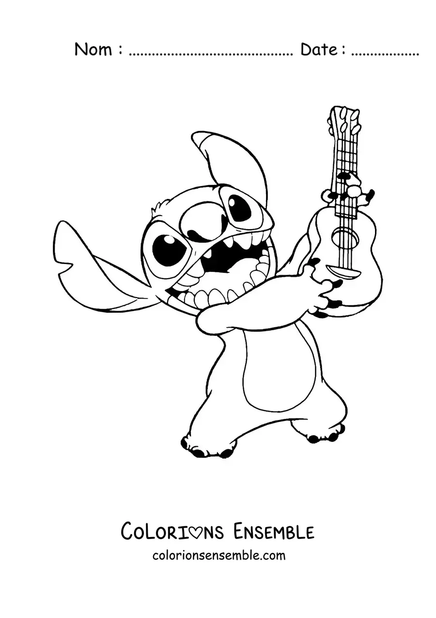 Coloriage de Stitch tout content tenant un ukulélé