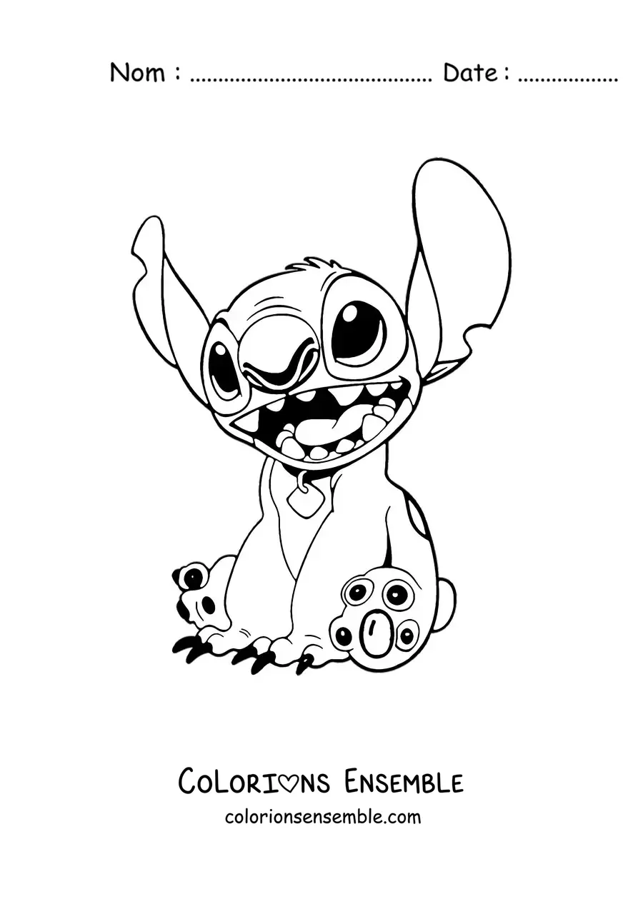 Coloriage de Stitch assis et souriant, portant un collier d’animal