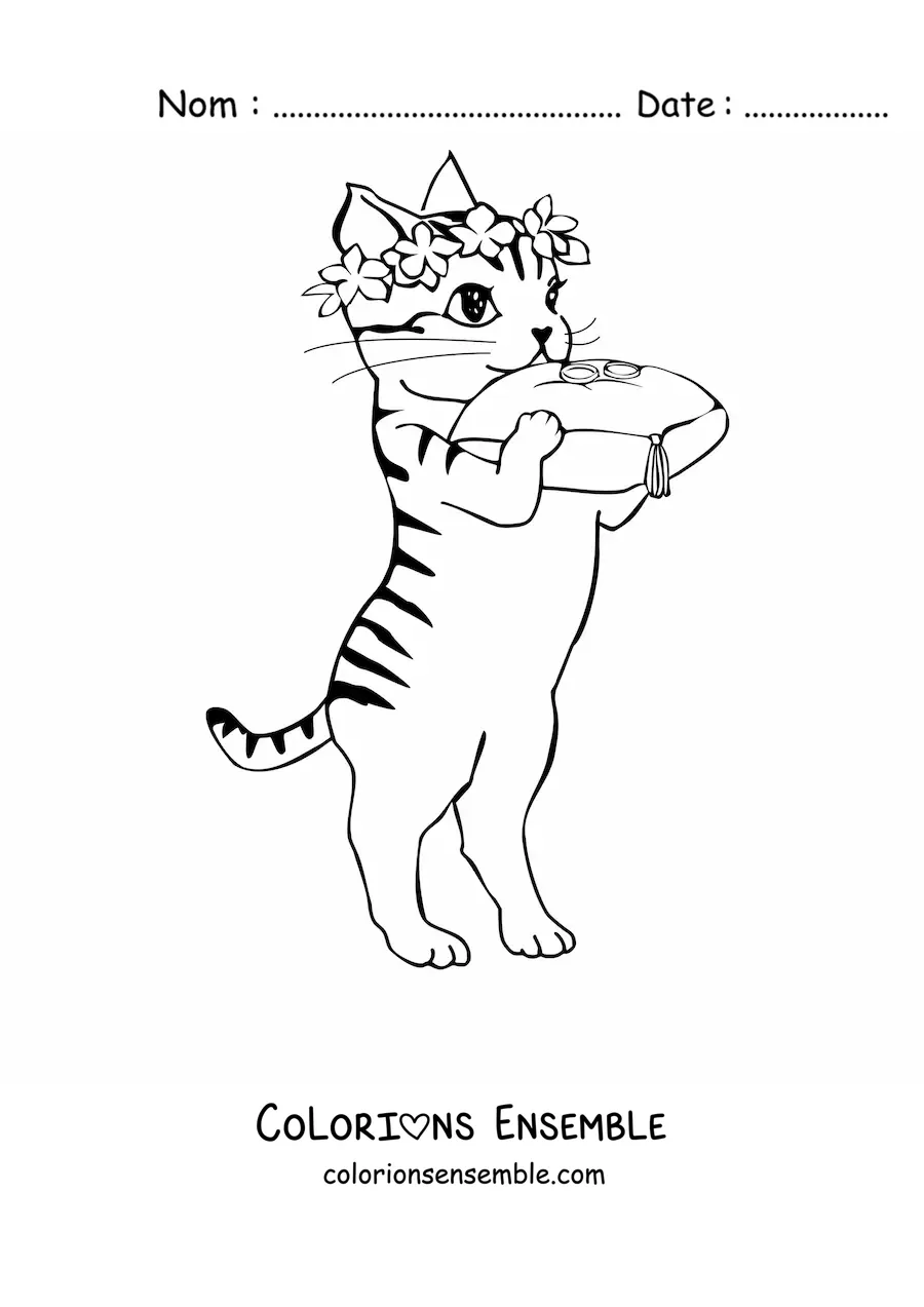 Image à colorier d’un chat avec une couronne de fleurs portant des alliances de mariage sur un coussin