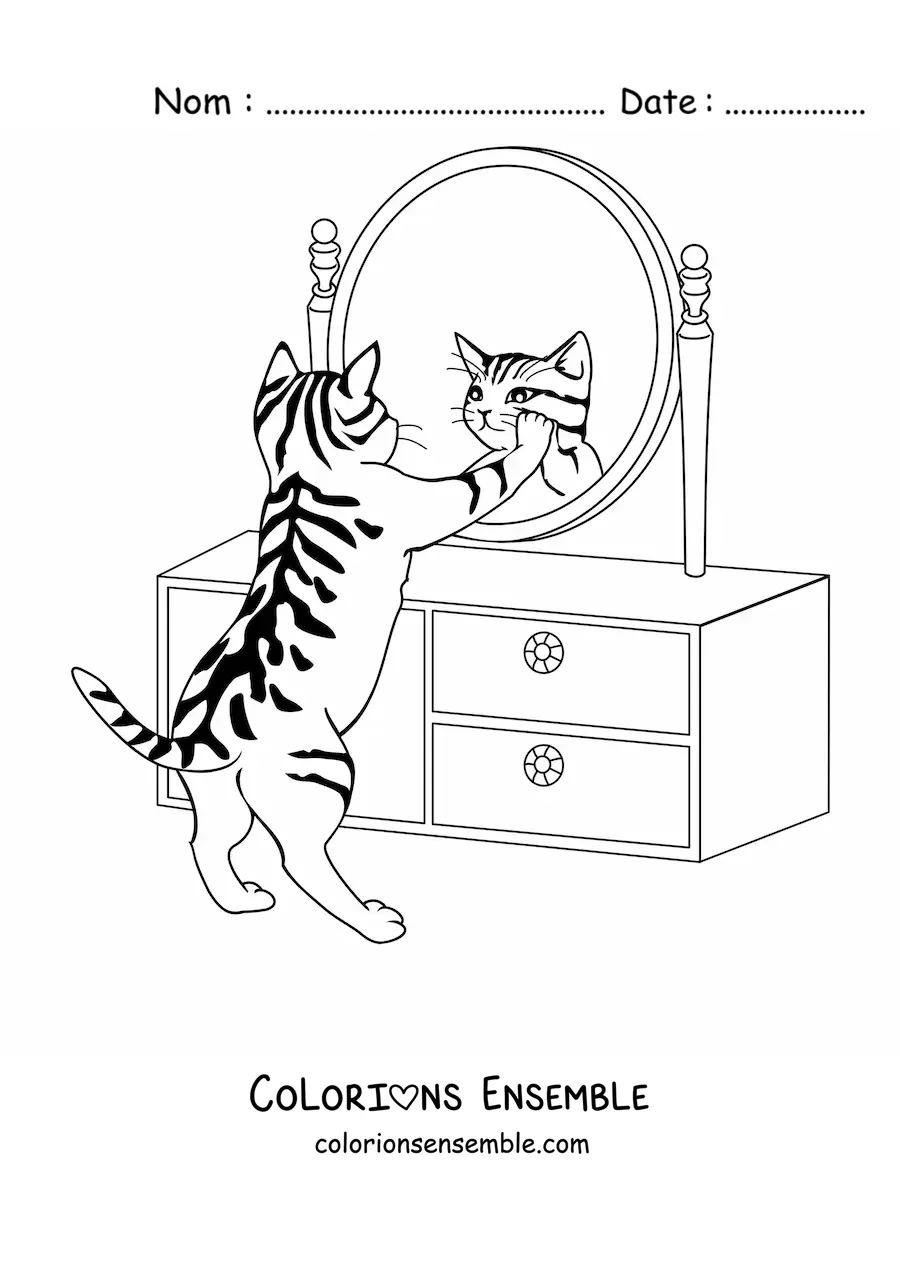 Image à colorier d’un chat se regardant dans le miroir d’une coiffeuse