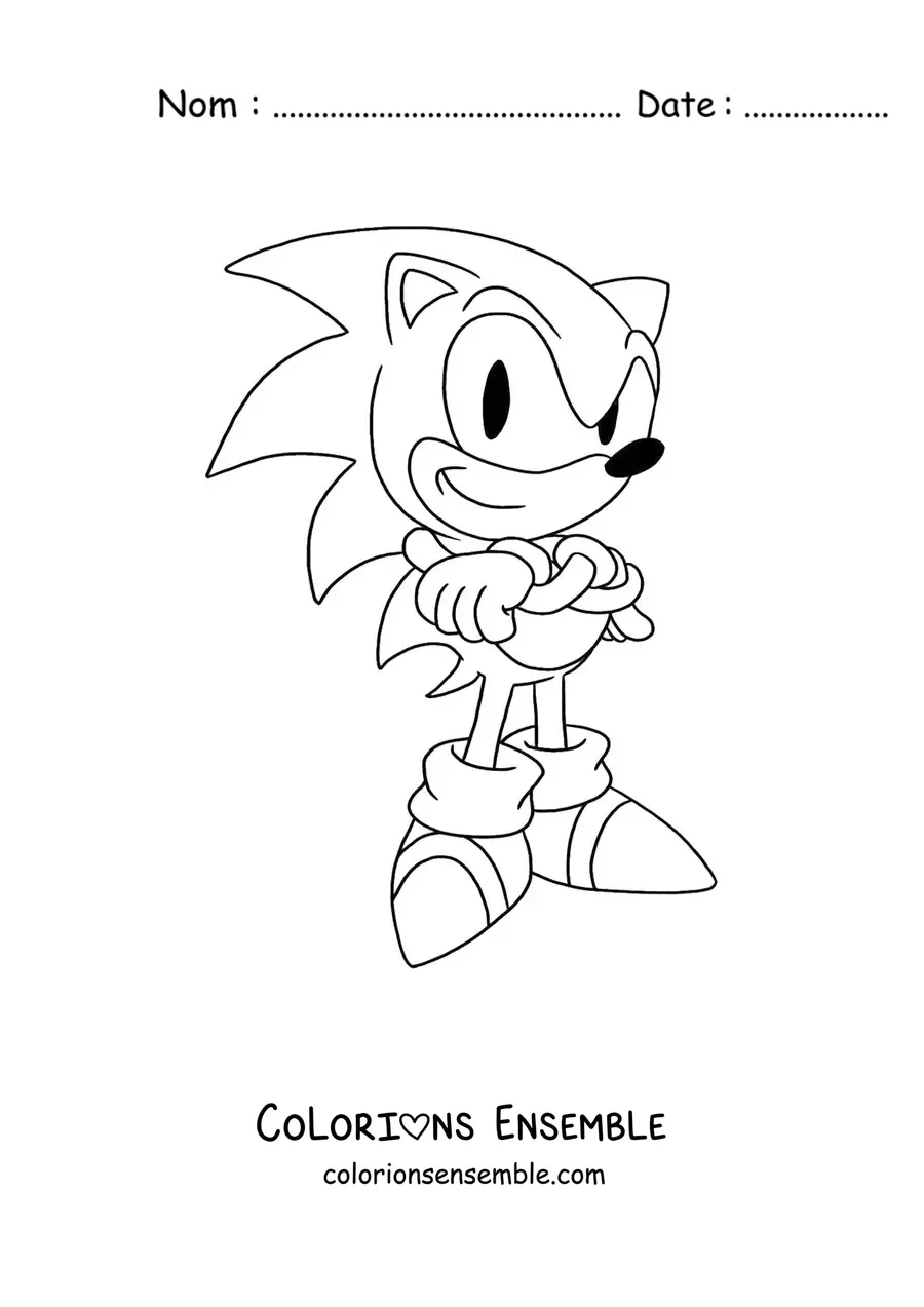 Coloriage de Sonic dans sa version classique, les bras croisés
