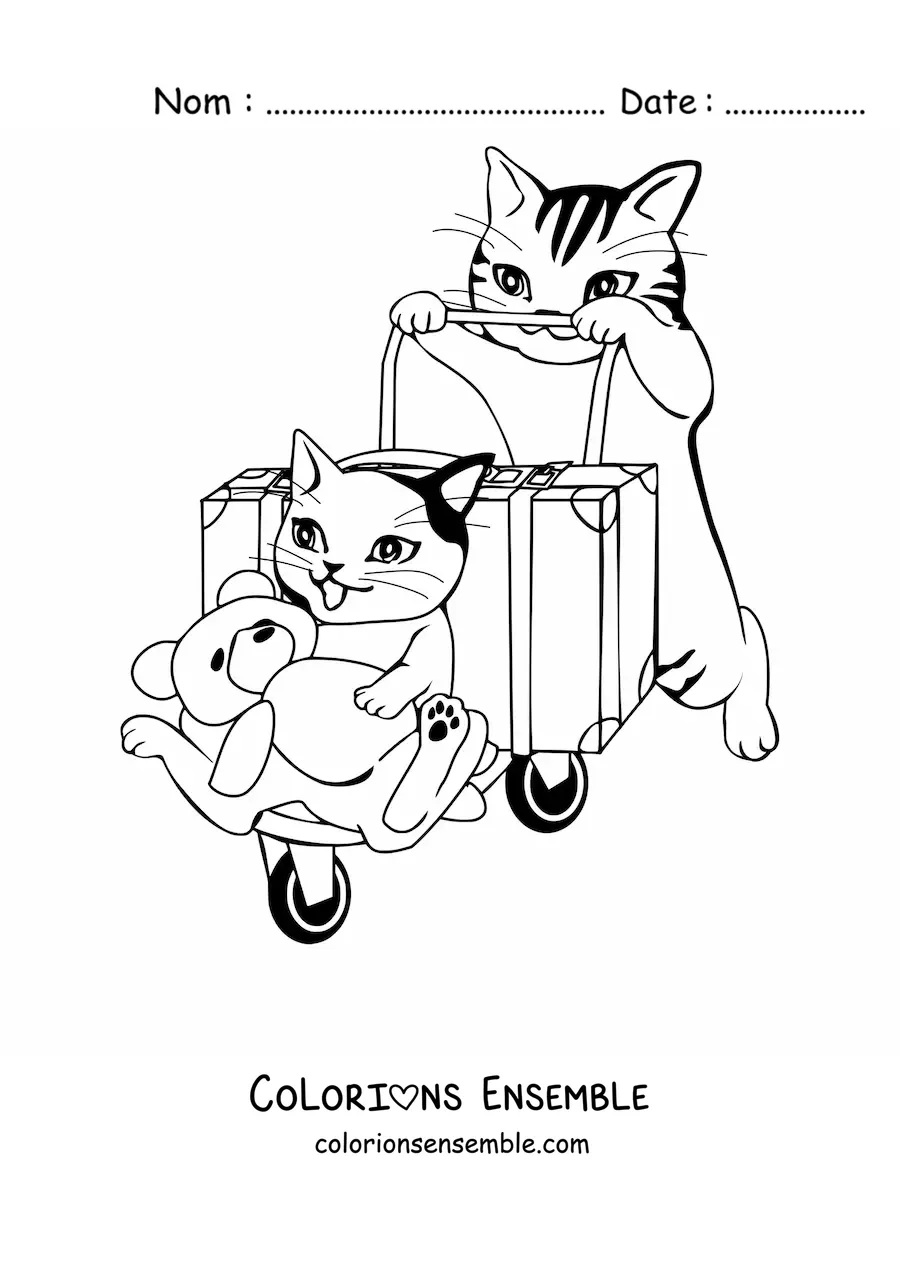 Image à colorier d’un chat poussant un chariot à bagages avec une valise, un autre chat et un ours en peluche