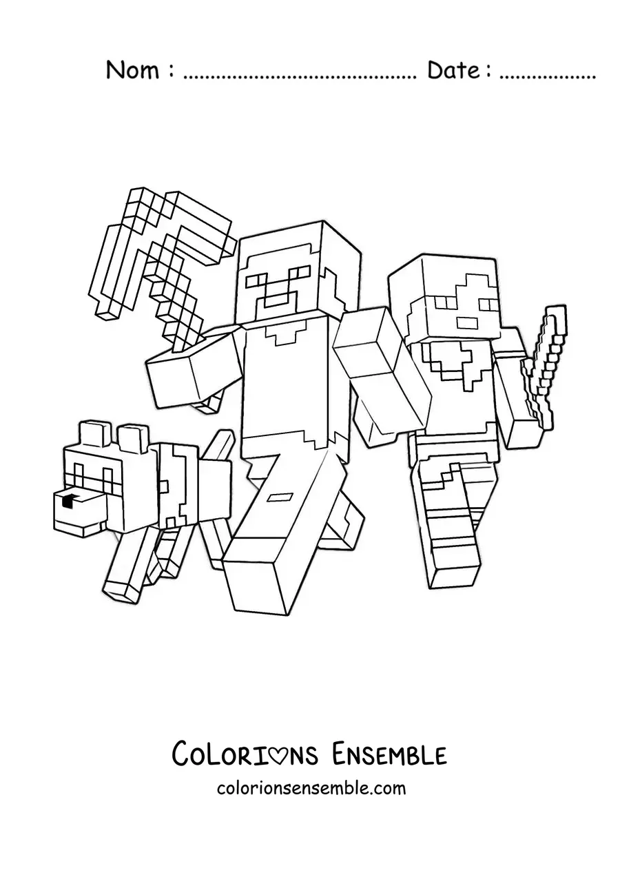 Coloriage d’Alex et Steve de Minecraft marchant aux côtés d’un chien