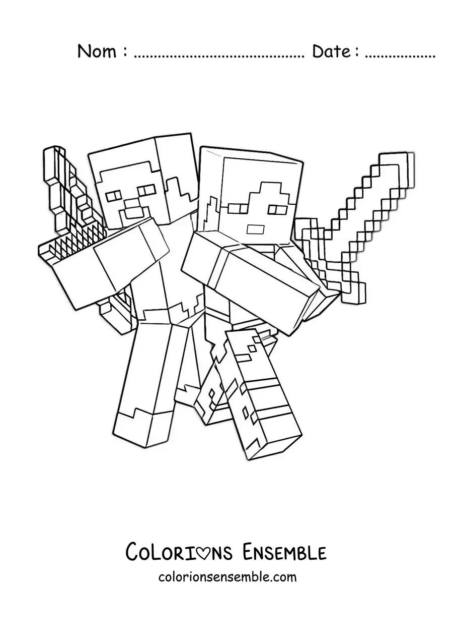 Coloriage d’Alex et Steve de Minecraft combattant ensemble