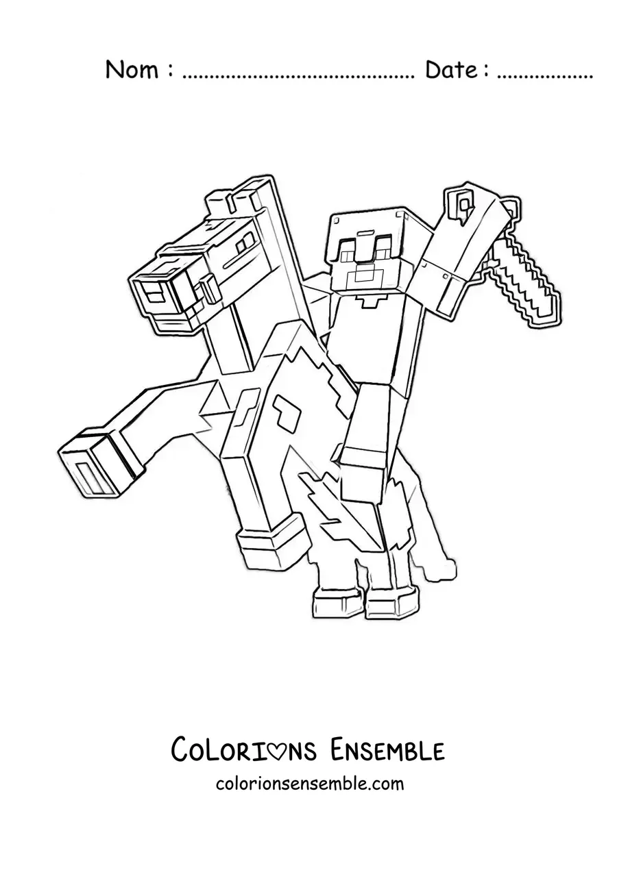 Coloriage de Steve sur un cheval de Minecraft