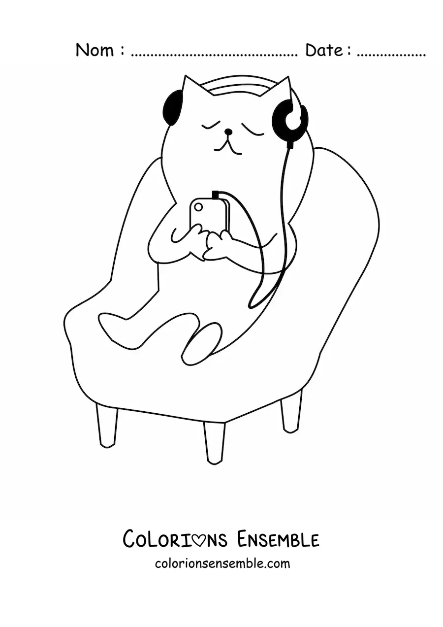 Image à colorier d’un chat assis écoutant de la musique avec un casque