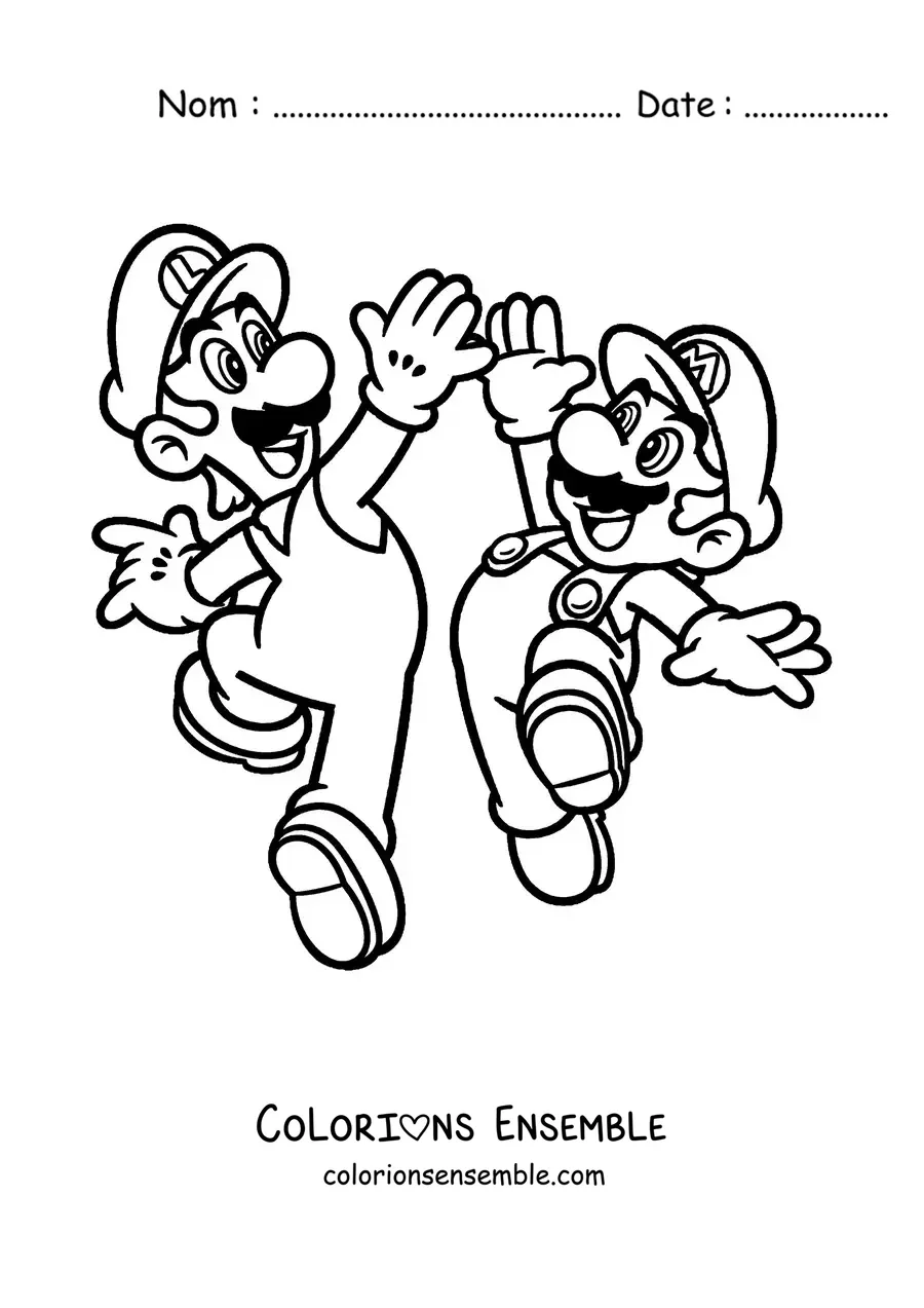 Coloriage des frères Mario et Luigi sautant en se tapant dans la main