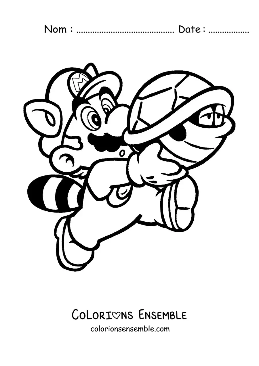 Image à colorier de Mario raton laveur de Mario Bros avec une carapace