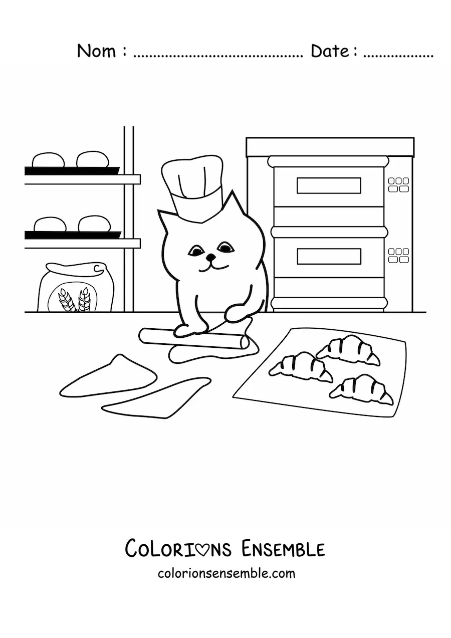 Image à colorier d’un chat boulanger en train de cuisiner des croissants