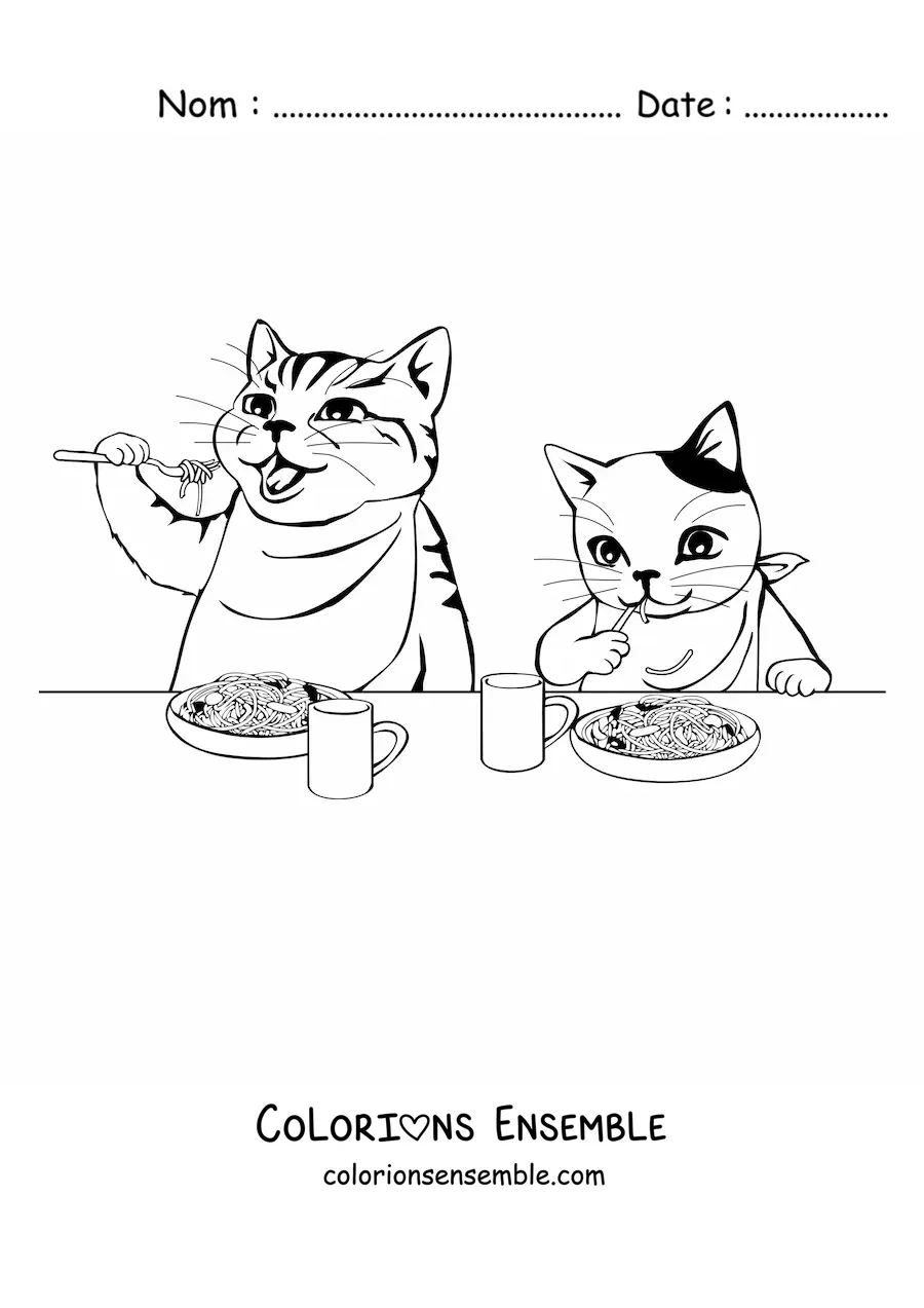 Image à colorier de deux chats mangeant des pâtes avec des couverts