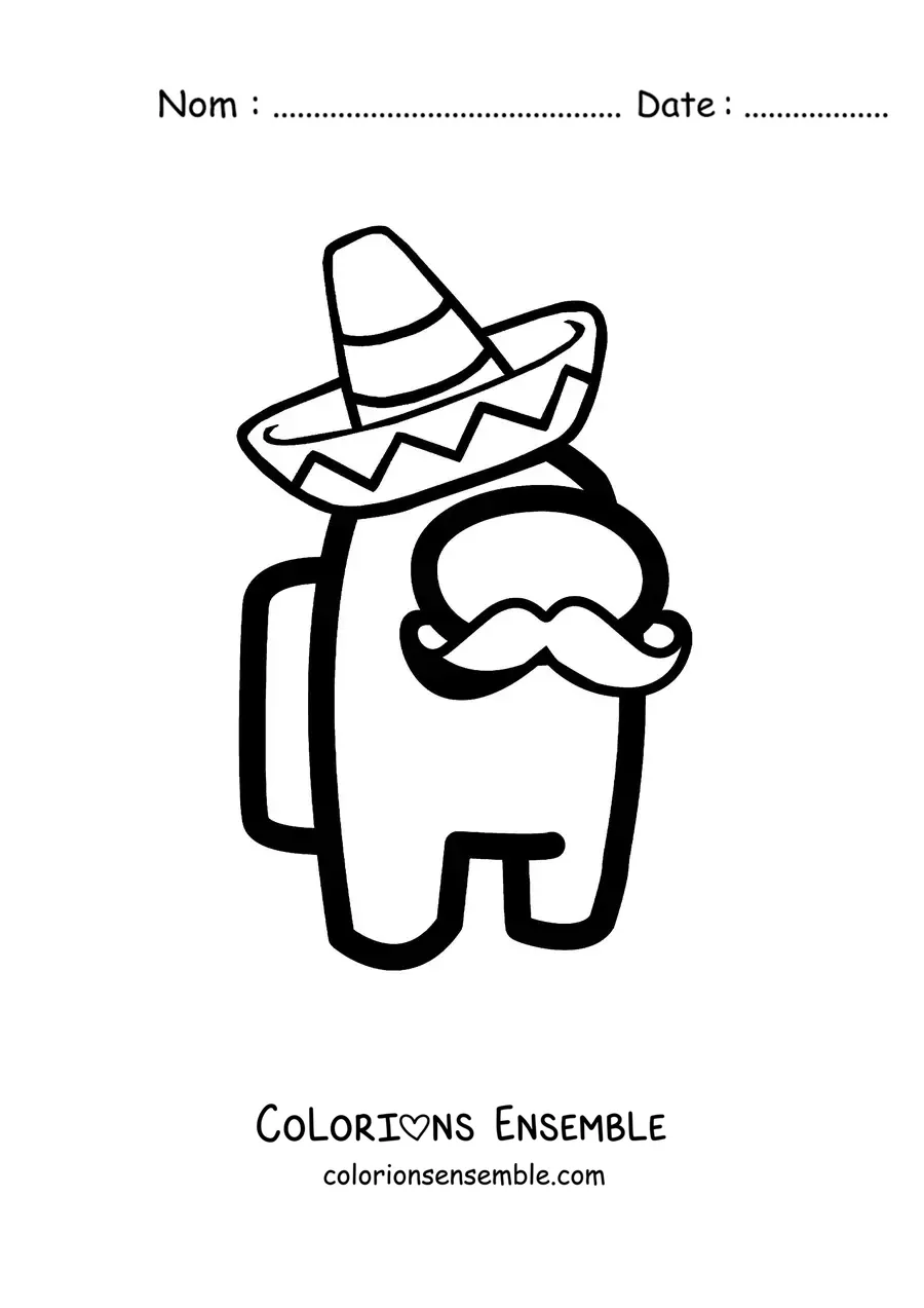Image à colorier d’un membre d’équipage d’Among Us avec un sombrero mexicain