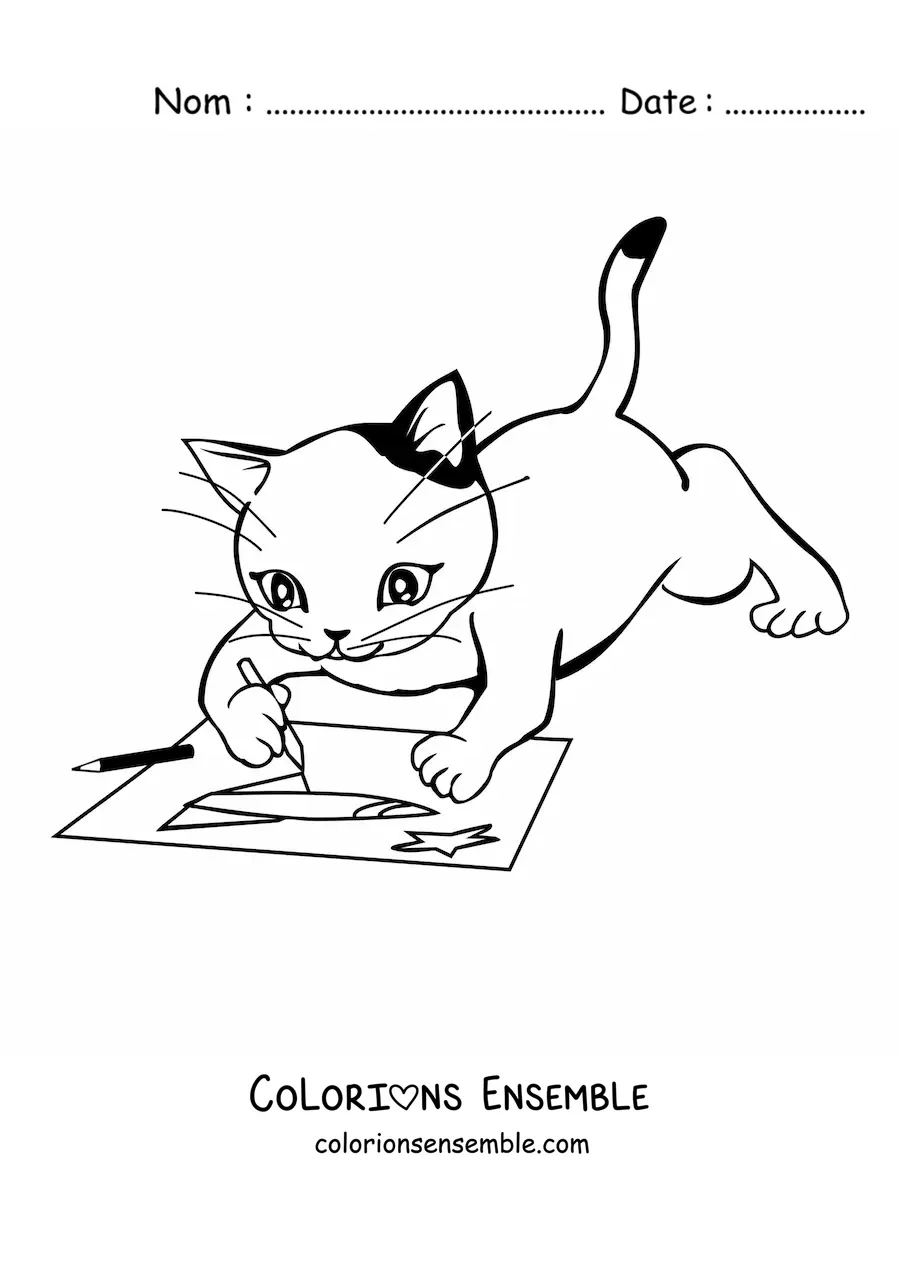 Image à colorier d’un chat artiste en train de dessiner sur une feuille