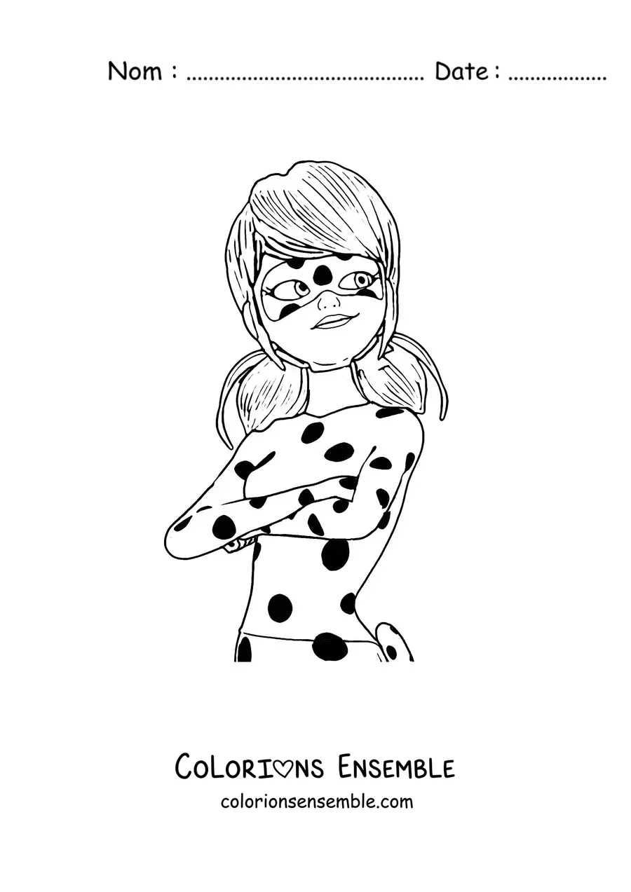 Image à colorier de Marinette en costume de Ladybug, les bras croisés