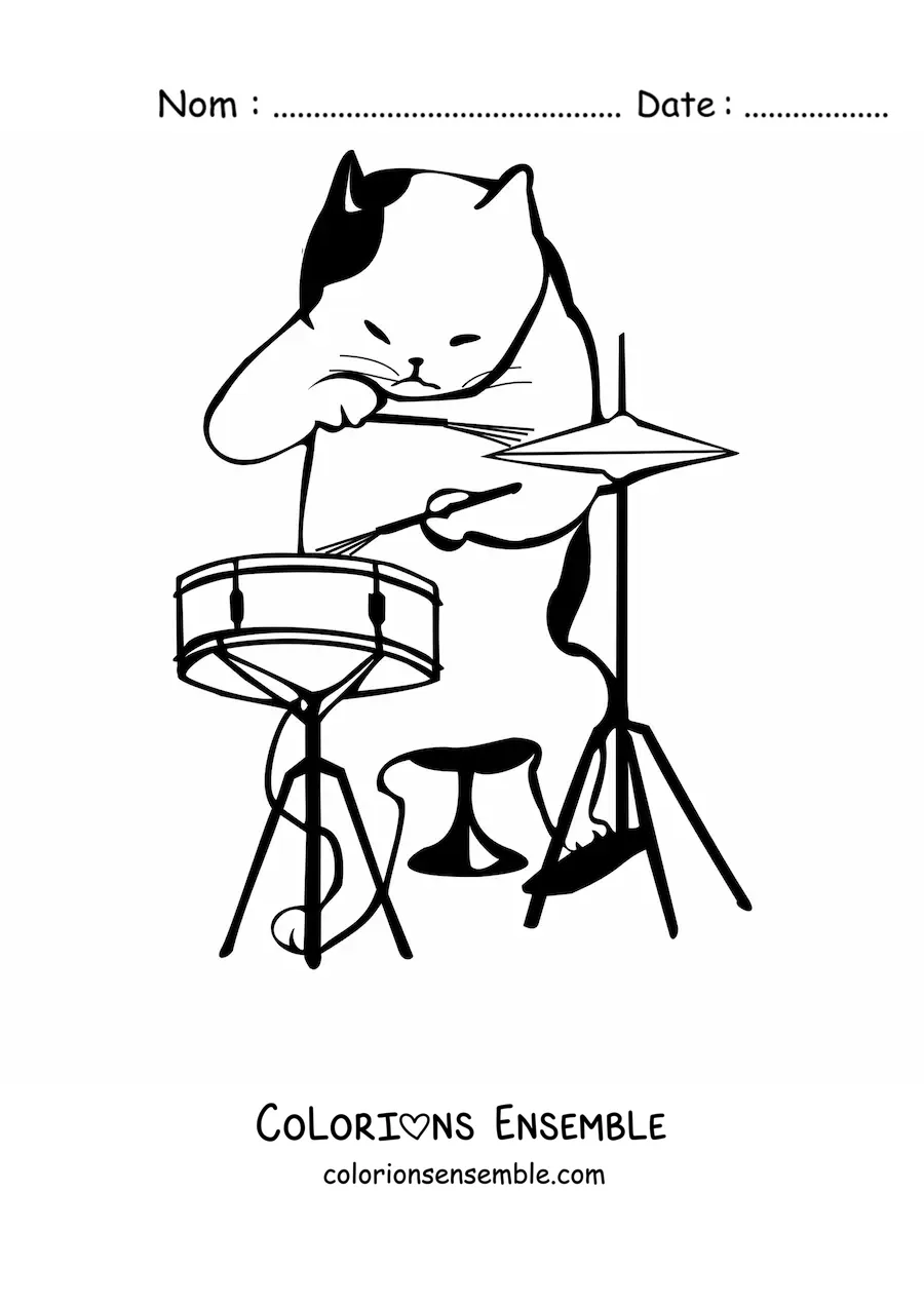 Image à colorier d’un chat jouant de la batterie