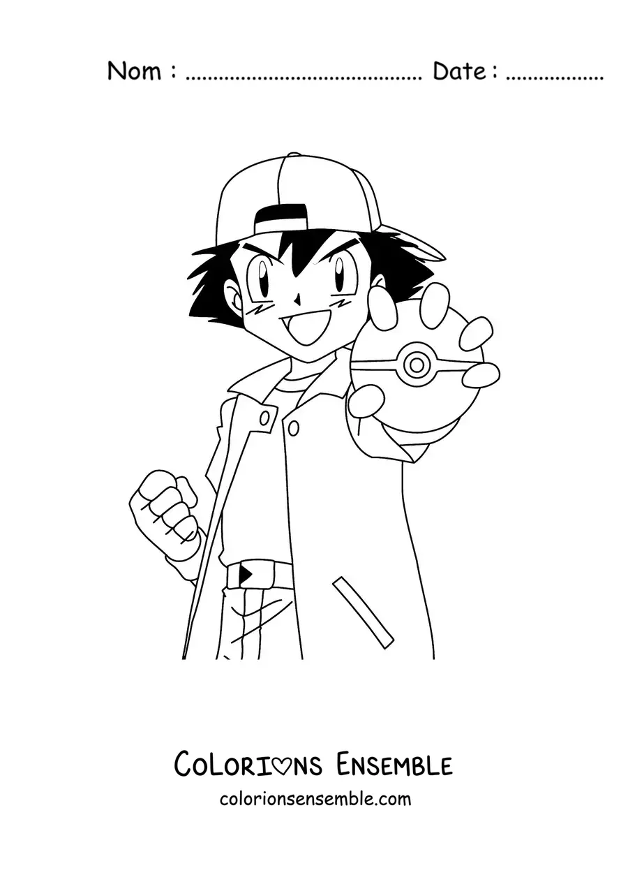 Image à colorier de Sacha de Pokémon avec une Poké Ball